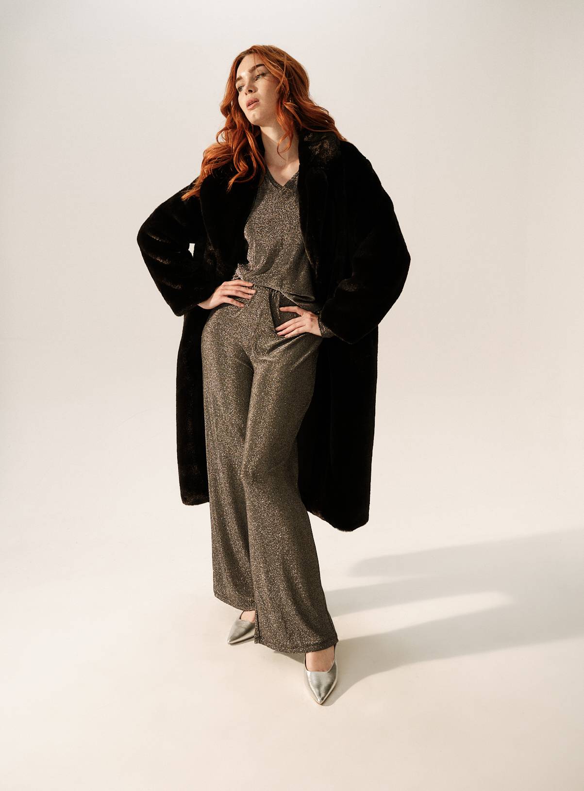 Metallic Silver Shimmer Wide Leg Co-ord Trousers  22 - Image 1