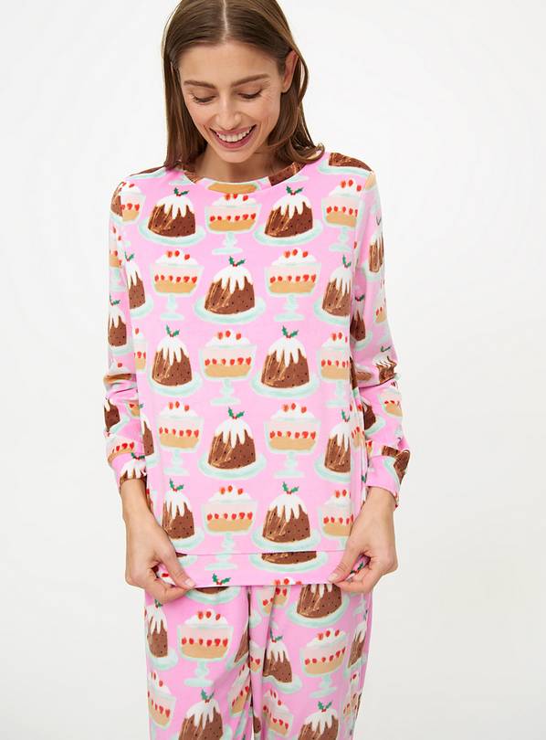 Pink Christmas Puddings Print Slinky Long Sleeve Pyjamas L