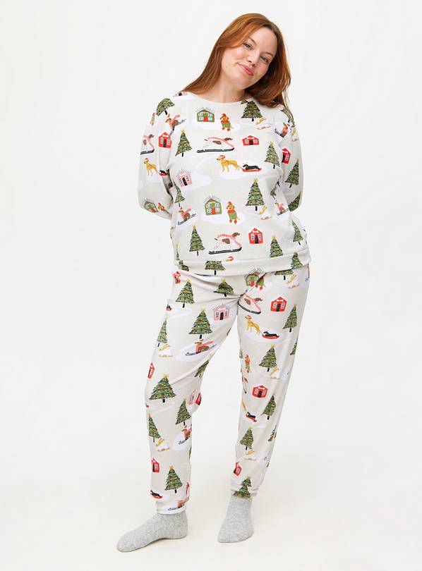 Grey Festive Dog Print Slinky Fleece Pyjamas S