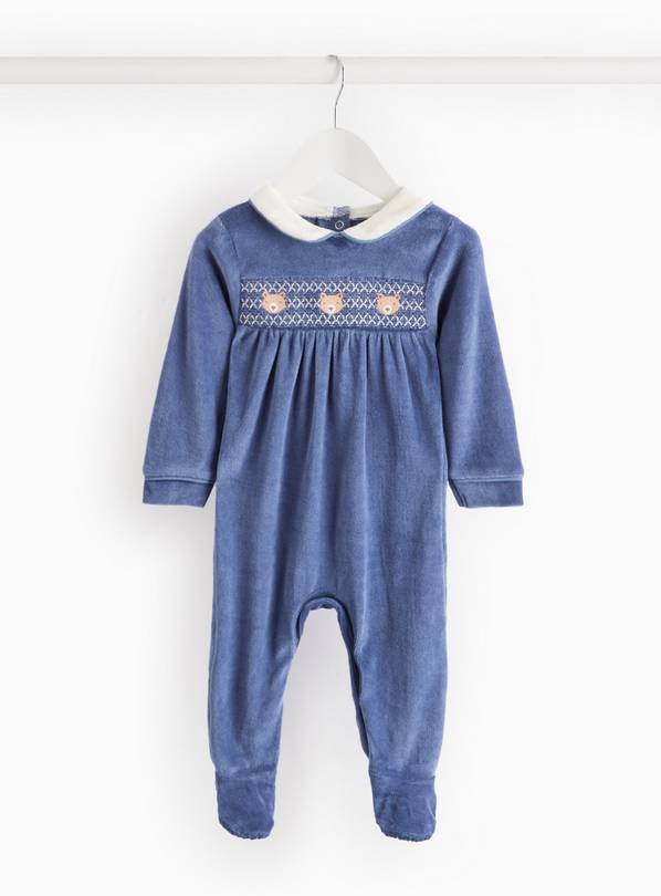 Blue Velour Smocked Teddy Sleepsuit 3-6 months