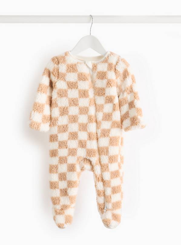 Beige Chequered Zip Through Fleece Sleepsuit Newborn