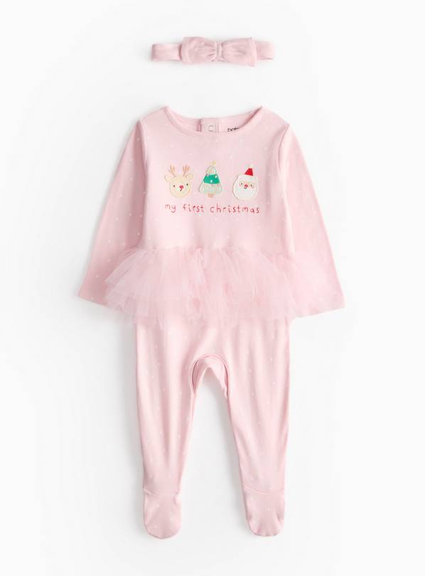 Pink Merry Christmas Tutu Sleepsuit & Headband Set 3-6 months