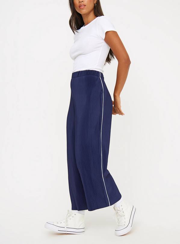 Buy Navy Plisse Side Stripe Cropped Trousers 10 | Trousers | Tu