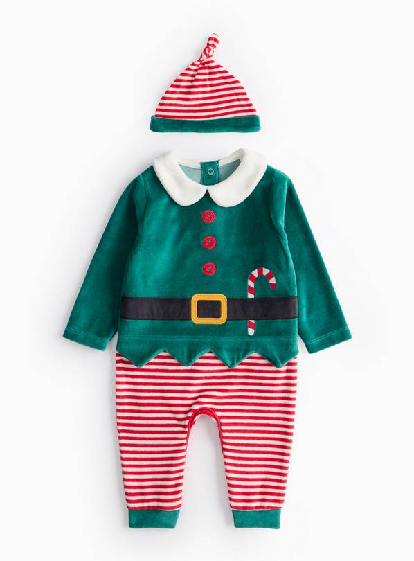 Novelty Christmas Elf Velour Sleepsuit & Hat Set Up to 1 mth