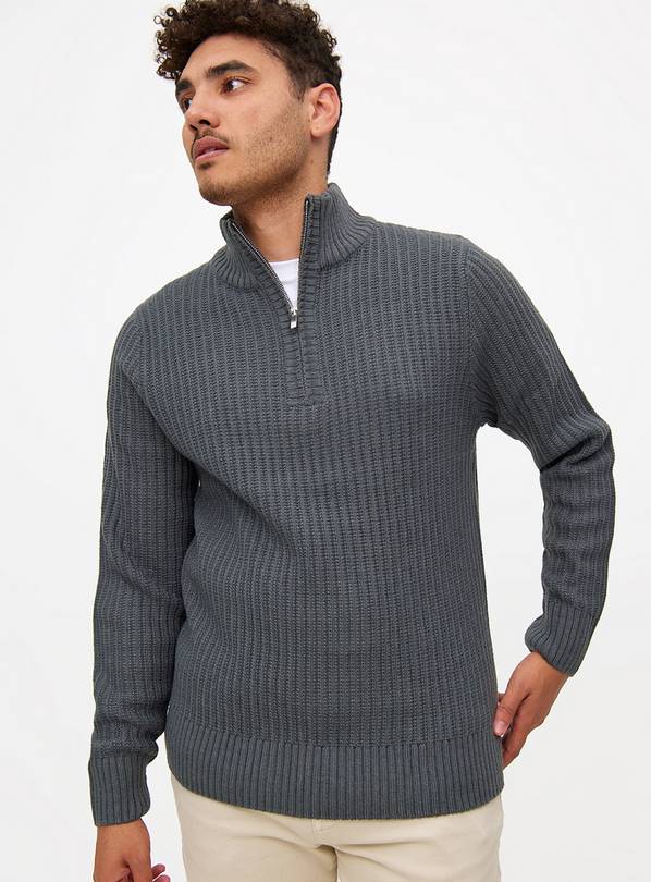 Charcoal Ribbed Zip Neck Jumper  L