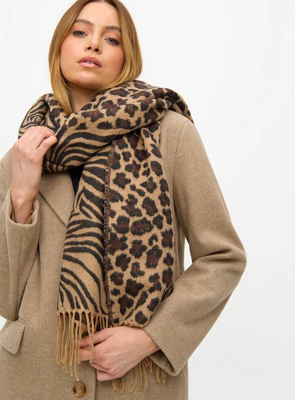 Neutral Brown Multi Animal Printed Scarf  One Size