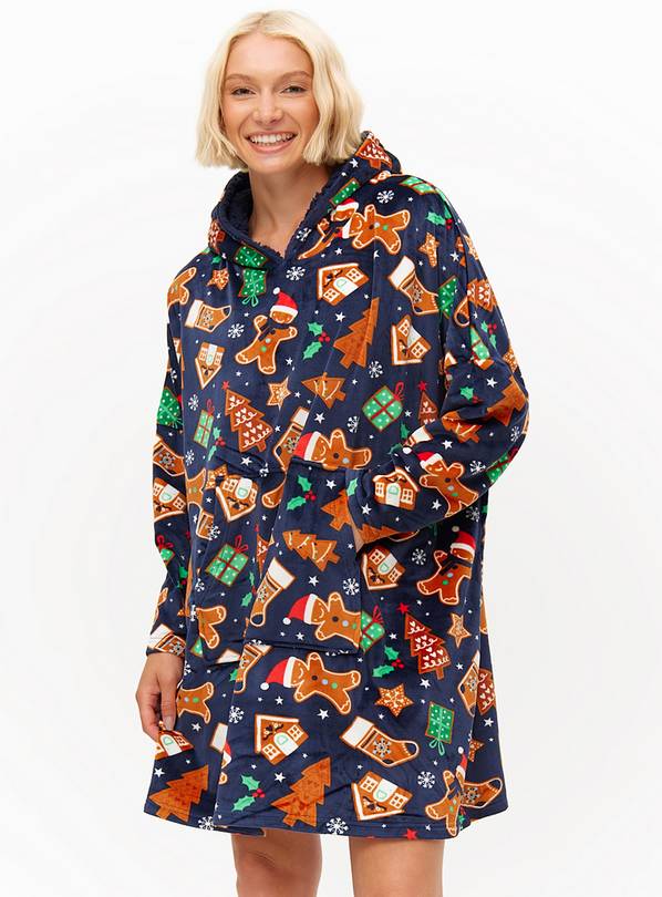 Matching Family Women's Christmas Gingerbread Print Fleece Lined Hooded Blanket 12-14