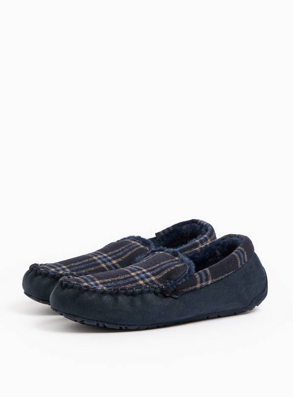 totes&reg;  Navy Check Moccasin Slippers 10