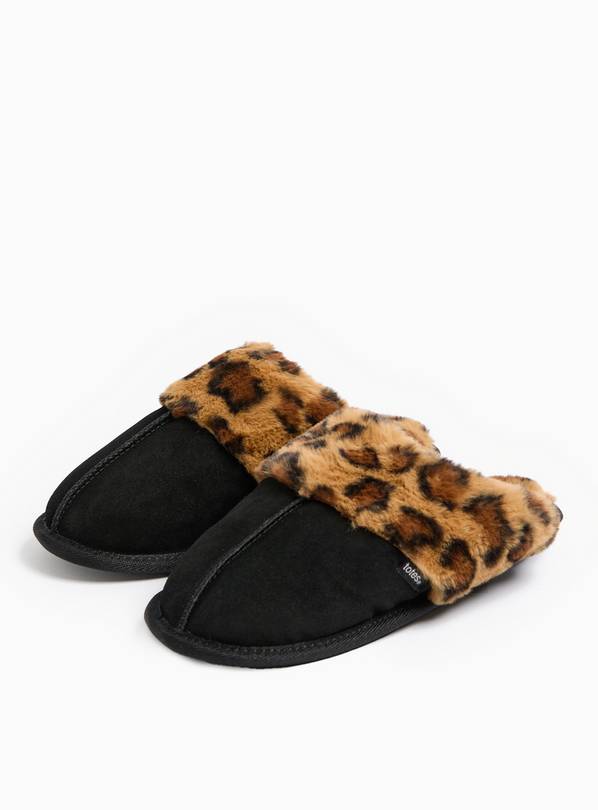 totes&reg; Real Suede Leopard Print Black Faux Fur Mule Slippers S