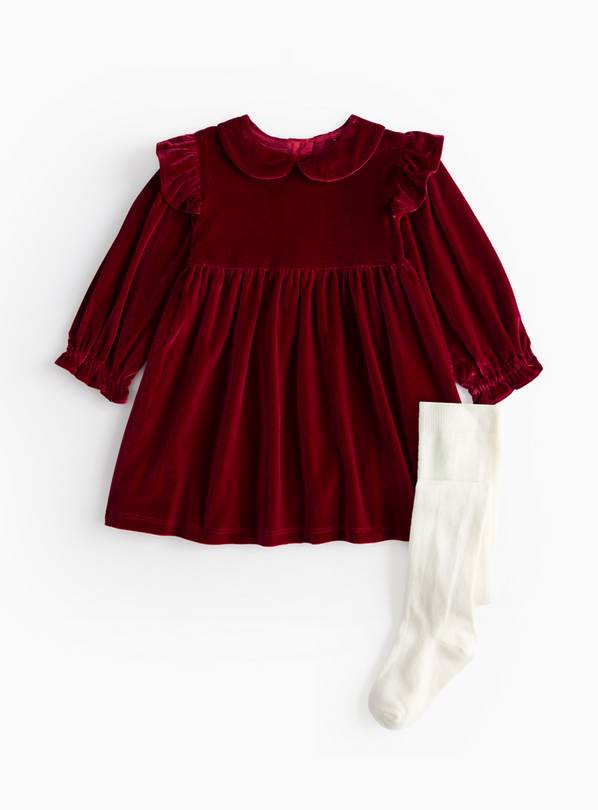 Dark Red Velour Dress & Tights Set 12-18 months