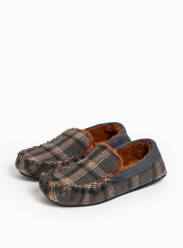 Brown Check Faux Fur Lined Moccasin Slippers 10