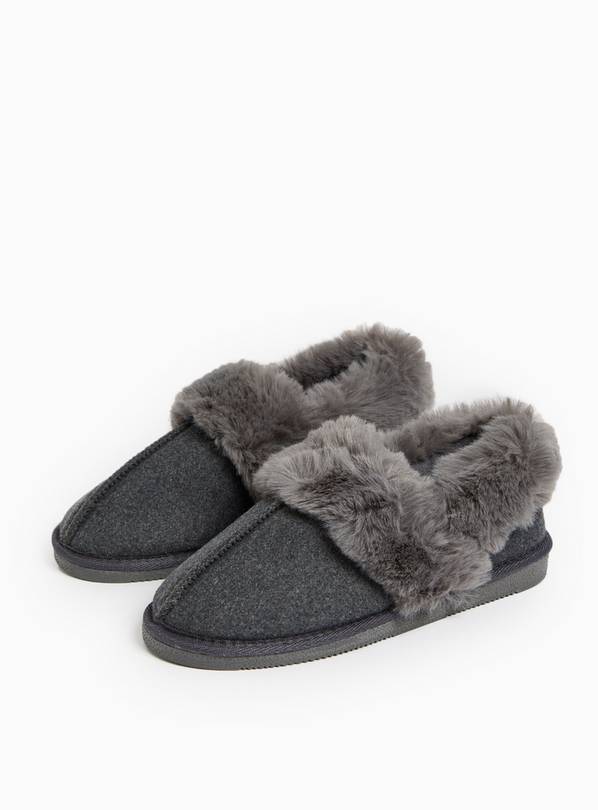 Grey Faux Fur Trim Full Slippers 8