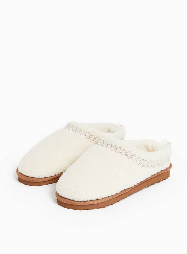 Cream Borg Fleece Stitch Detail Mule Slippers L