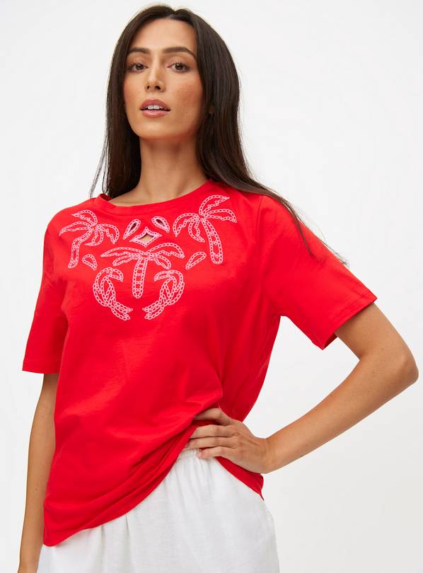 Red Palm Tree Cut Out Embroidery T-Shirt 20