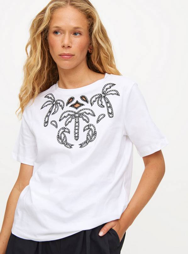 White Palm Tree Cut Out Embroidery T-Shirt 18