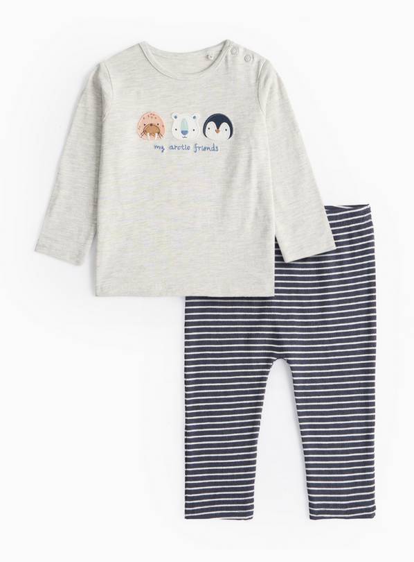 Grey Arctic Friends Top & Stripe Bottoms Set 18-24 months