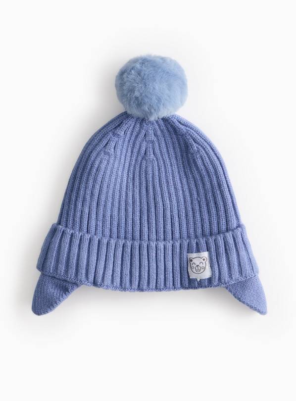 Blue Ribbed Knitted Pom Pom Hat 3-6 months