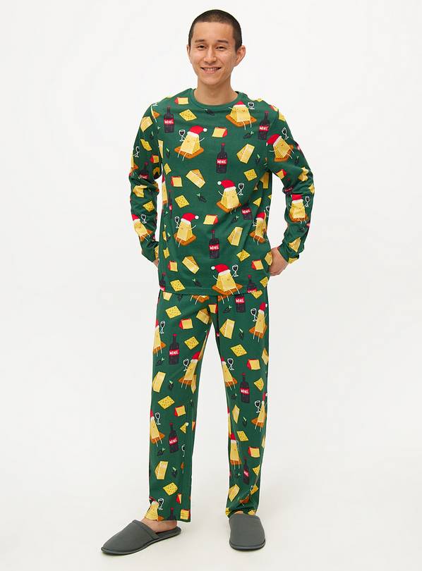 Christmas Cheese & Wine Print Green Pyjamas  L