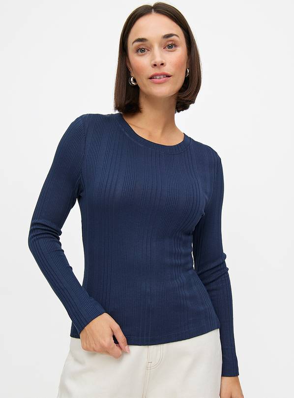 Navy Crew Neck Ribbed Long Sleeve Top 16