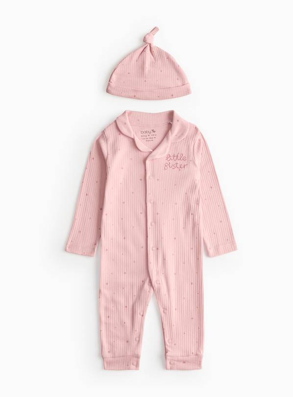 Pink Ribbed Little Sister Sleepsuit & Hat 3-6 months