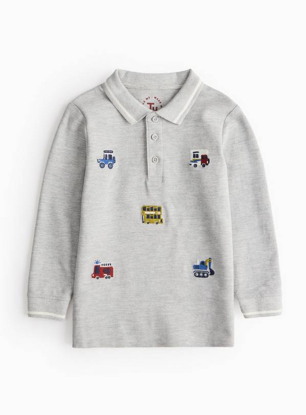 Grey Vehicle Embroidered Long Sleeve Polo Shirt 1-2 years