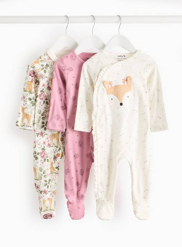 Woodland Deer Long Sleeve Sleepsuit 3 Pack Tiny Baby