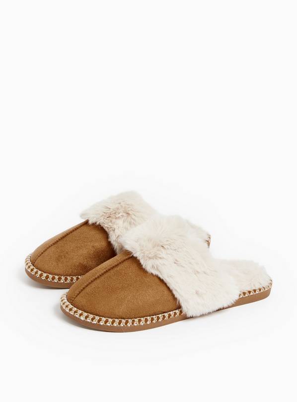 Tan Suede Stitch Detail Mule Slippers M