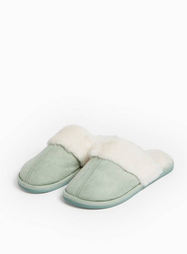 Green Faux Fur Collar Mule Slippers L