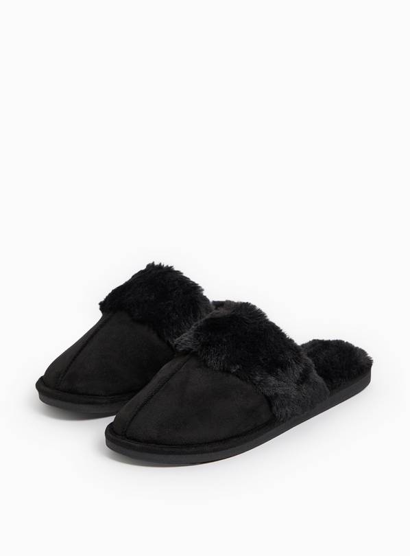 Black Plush Faux Fur Trim Mule Slippers M