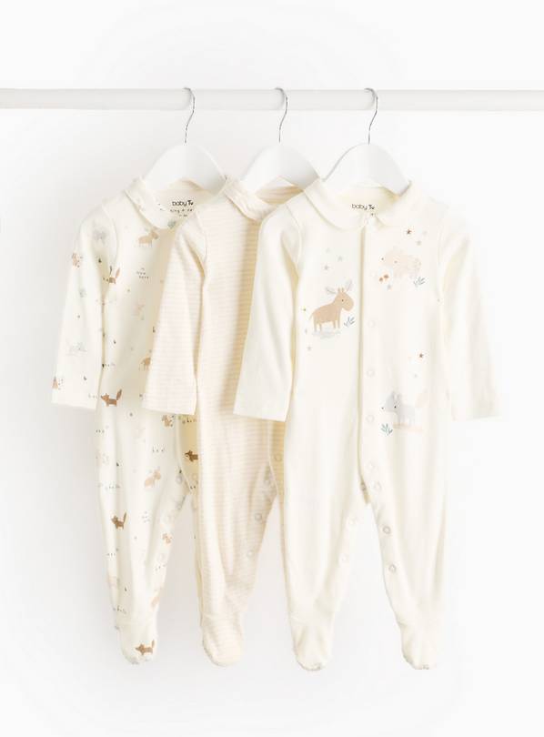 Cream Woodland Animal Print Collar Sleepsuits 3 Pack 6-9 months