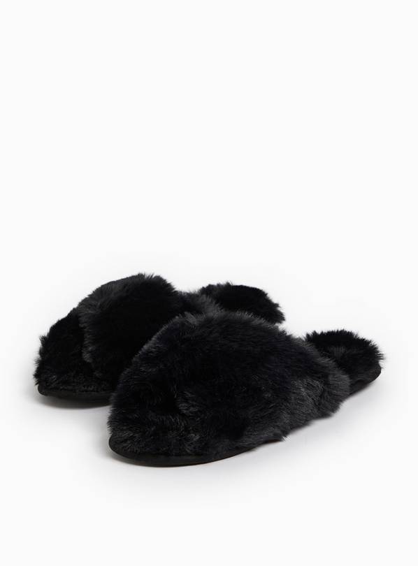 Black Plush Faux Fur Open Toe Mule Slippers L