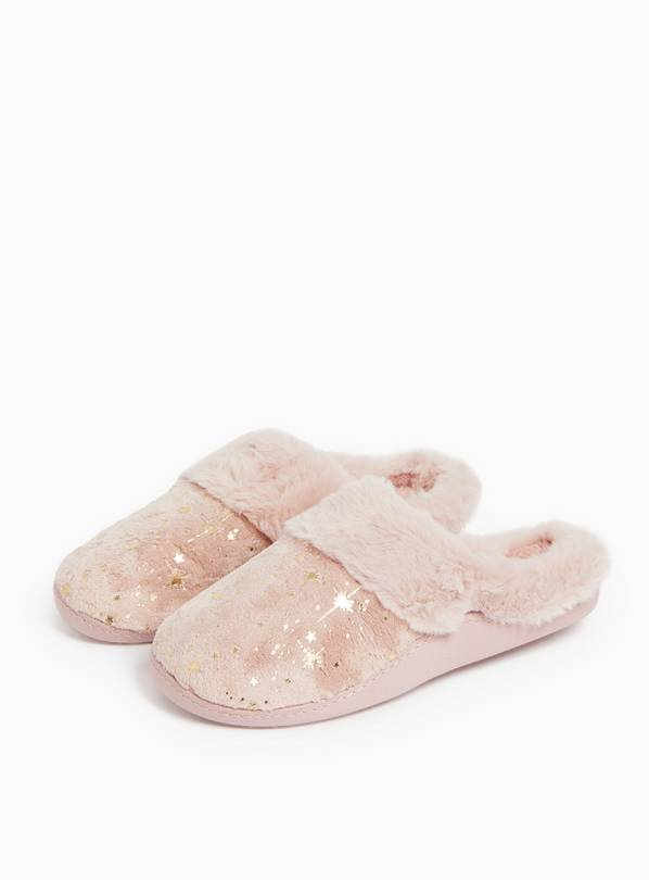 Pink Star Detail Faux Fur Mule Slippers L