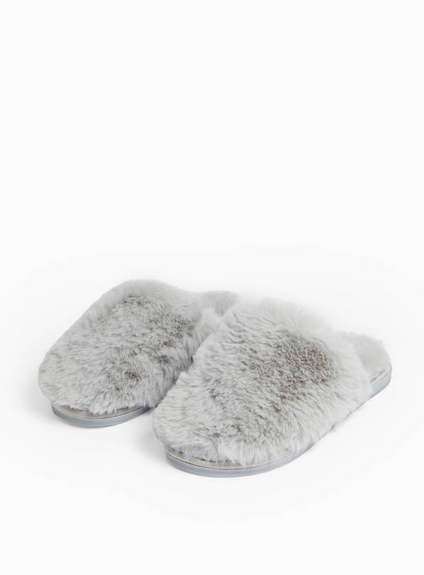 Light Grey Plush Faux Fur Mule Slippers  L