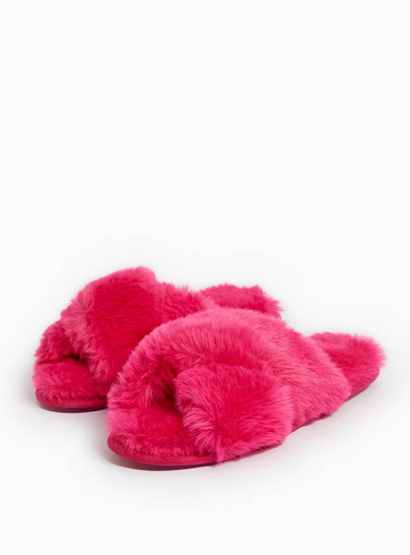 Bright Pink Plush Faux Fur Open Toe Mule Slippers S