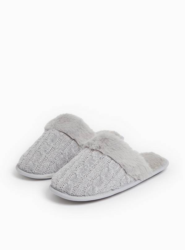 Grey Cable Knit Detail Mule Slippers L