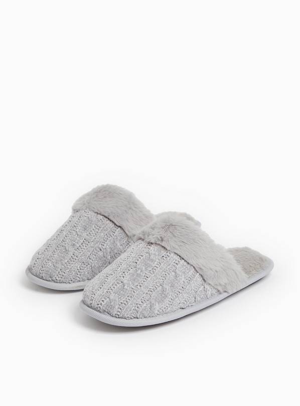Grey Cable Knit Detail Mule Slippers XL