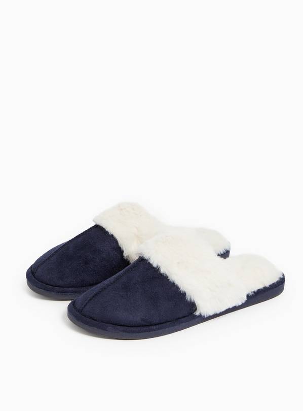 Navy Faux Fur Lined Mule Slippers L