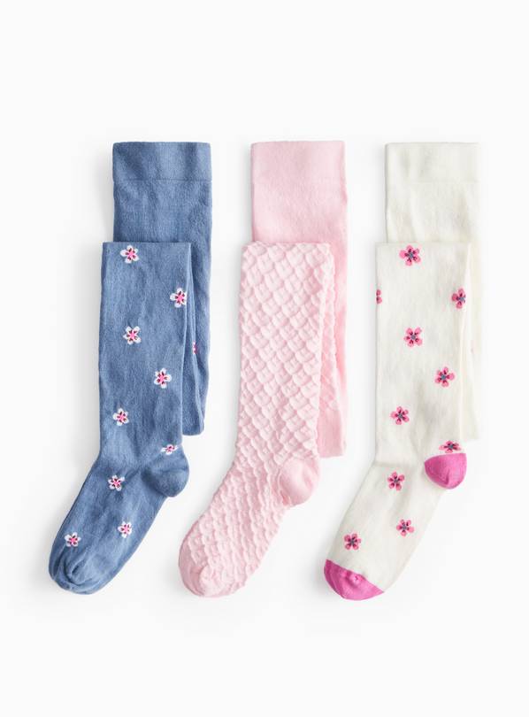 Heart Textured & Floral Print Tights 3 Pack  9-10 years