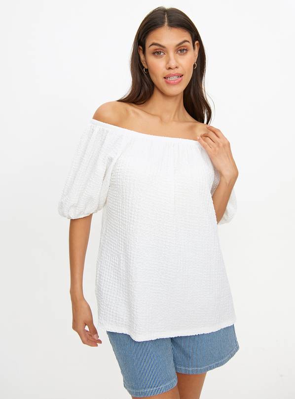 White Textured Half Sleeve Bardot Top  10