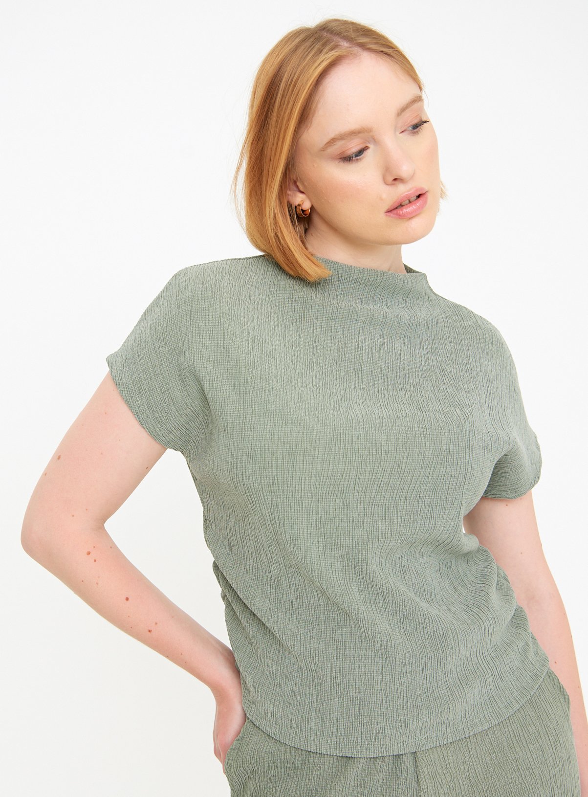 Khaki Textured High Neck Draped Top 8