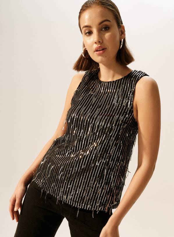 Black Sequin Embellished Fringe Vest Top 12