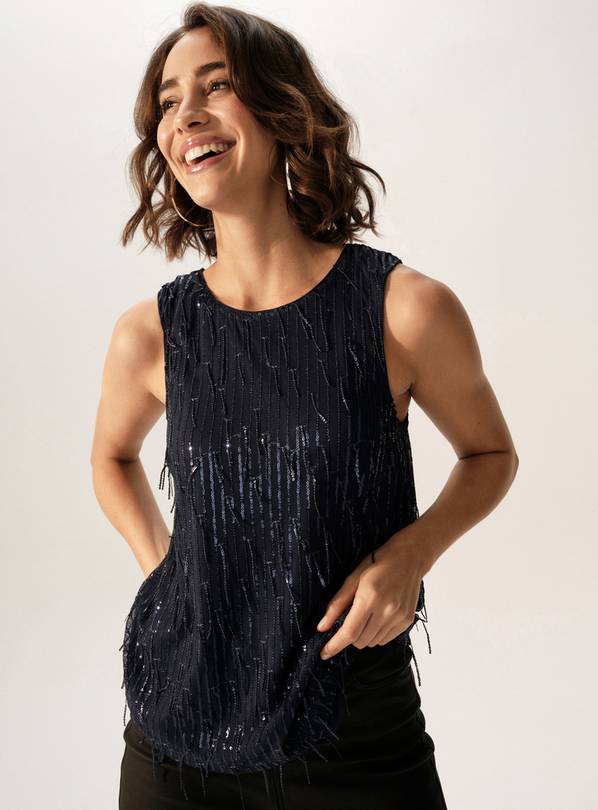 Navy Sequin Embellished Fringe Vest Top 16