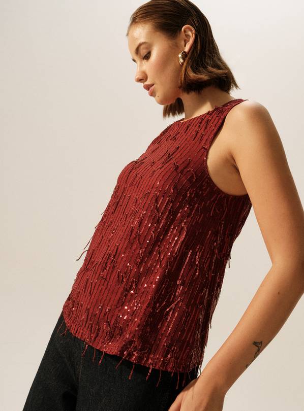 Red Sequin Embellished Fringe Vest Top 14