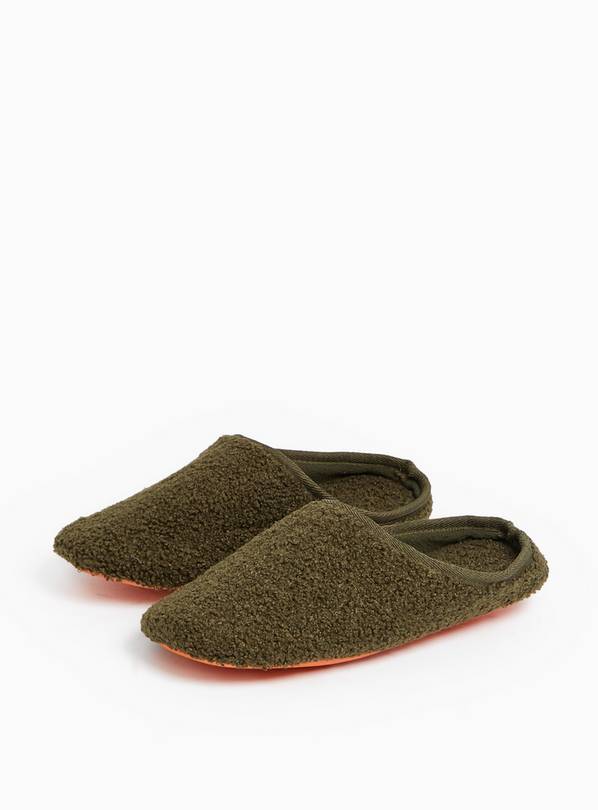 Khaki Borg Fleece Contrast Mule Slippers L