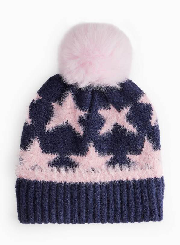 Navy & Pink Star Print Eyelash Faux Fur Beanie 6-9 years