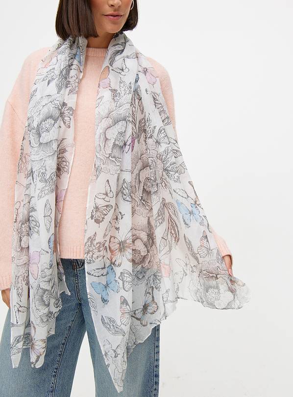 Cream Butterfly Print Lightweight Scarf One Size