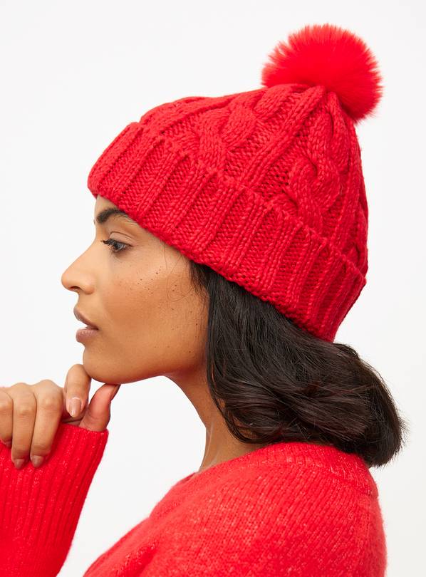 Red Cable Knit Pom Pom Beanie Hat One Size