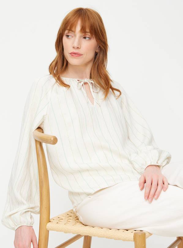 Neutral Shimmer Stripe Linen Blend Blouse 14