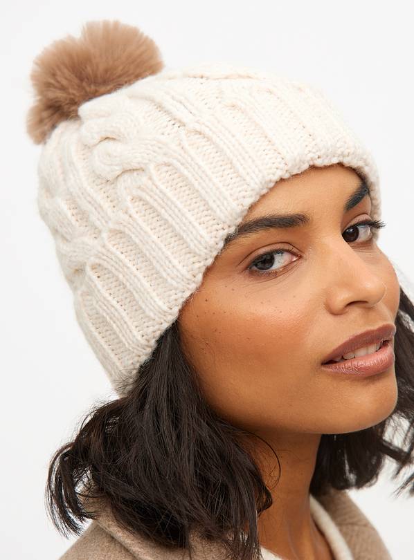 Cream Cable Knitted Pom Pom Hat One Size