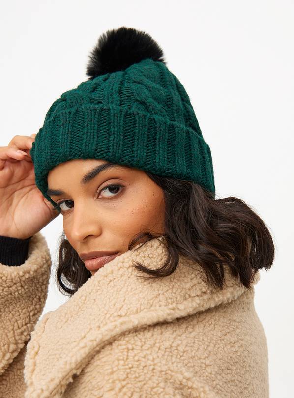 Emerald Green Cable Knitted Pom Pom Hat One Size